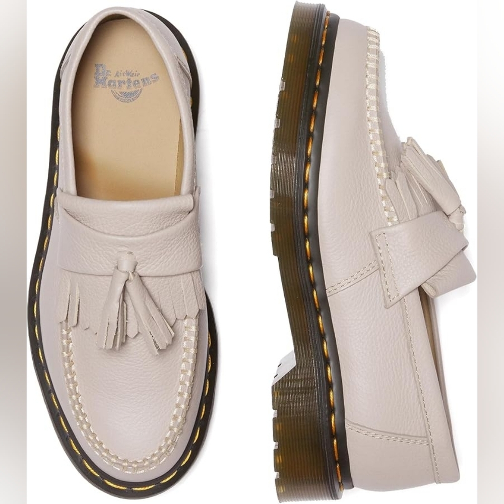 Dr. Martens Cream Tassel Kiltie Loafers with Yellow Welt Stitching
